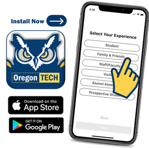 Image shows a preview of the login screen with a graphic yellow and blue hand clicking on the "Family and Friends" button in the Oregon Tech Mobile App with the Hootie icon and images of the Apple and Google store buttons.