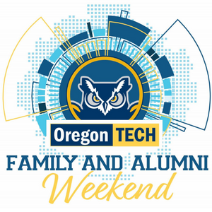 Family and Alumni Weekend logo with graphic patterns in shade of blue and yellow, the Hootie icon, the Oregon Tech block logo with "Oregon" in white text inside a blue box and "Tech" in blue text in yellow box and text "Family and Alumni Weekend"