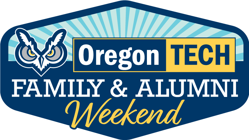 Diamond shaped logo with Hootie icon with text "Oregon Tech Family & Alumni Weekend"