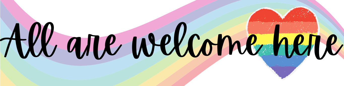 Portland-Metro Student Services wants all students to know that they are welcome on our campus and in our community. Image shows rainbow and rainbow heart.