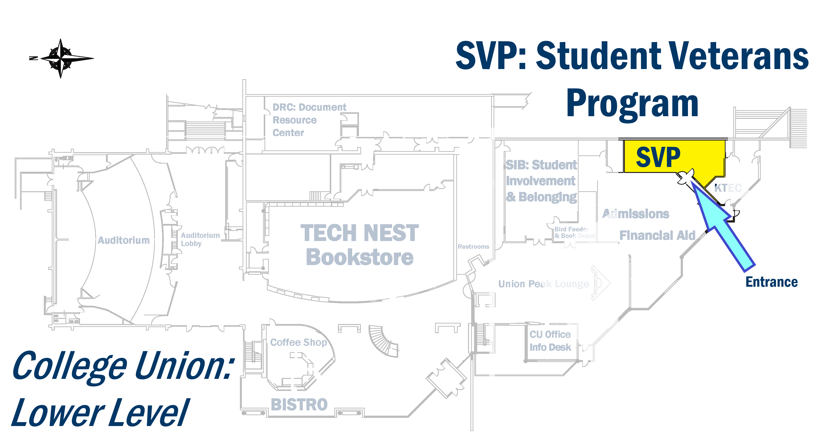 Image shows a map of the College Union highlighting the SVP Lounge which is located on the 1st Floor of the College Union building, in the same hallway as KTEC (outdoor entrance near southern stairs).
