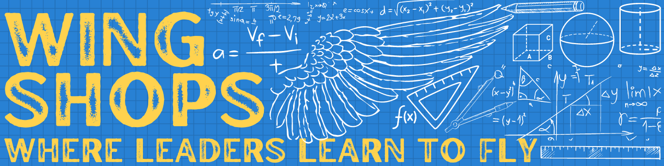 Web Banner Image Wing Shop with "Wing Shop: Where Leaders Learn to Fly" in yellow with white mathematical symbols and icons in front of gray graphing squares on a blue background.