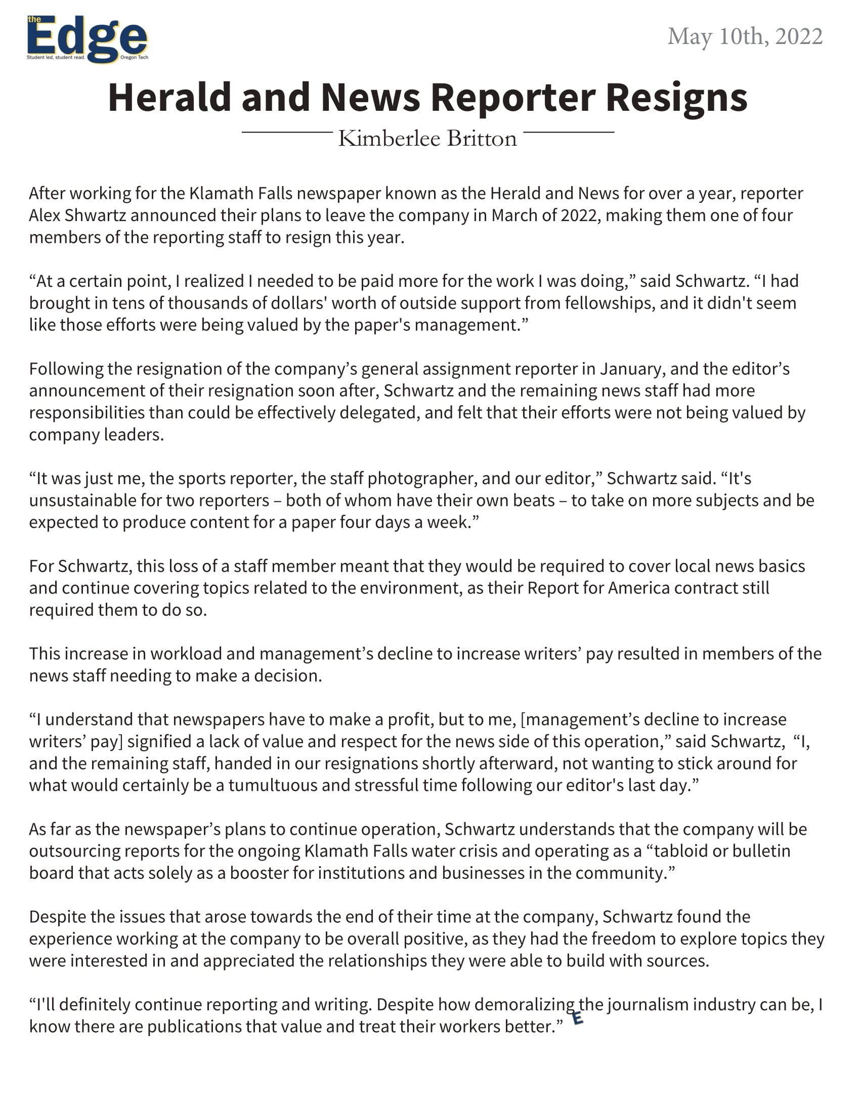 Herald & News Reporter Resignations by Kimberlee Britton