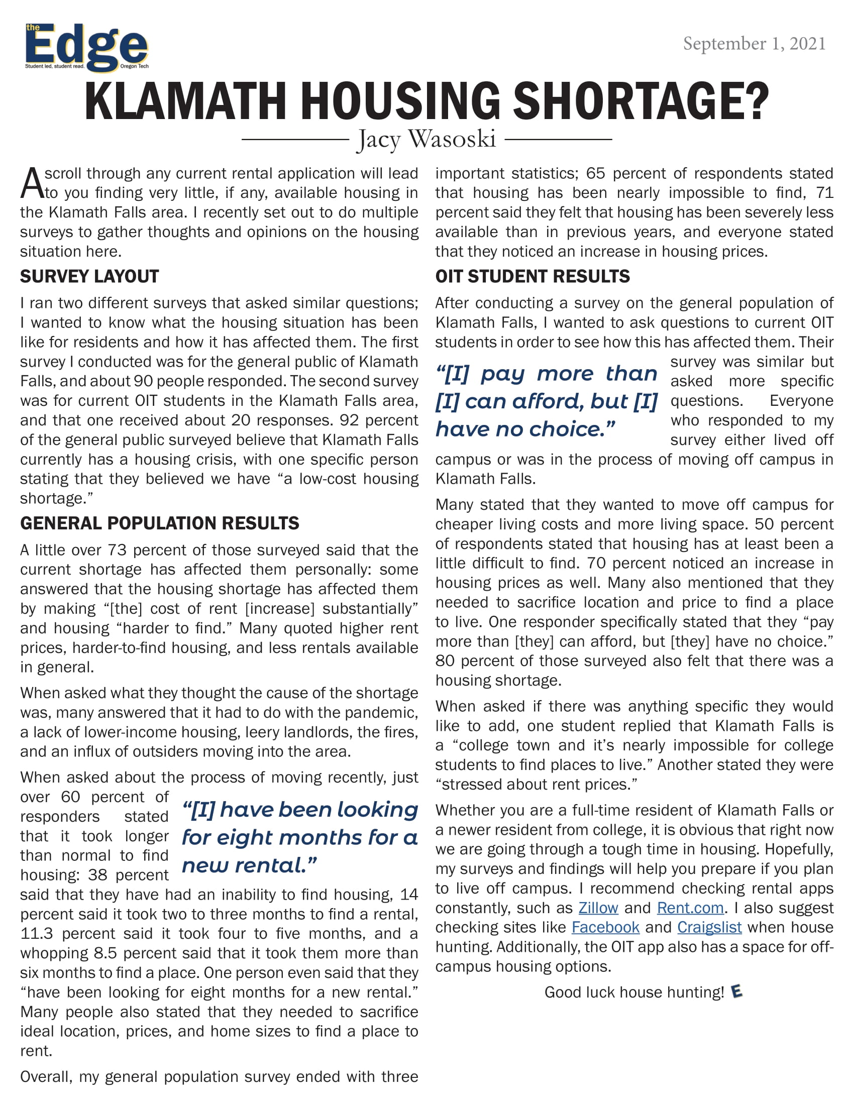 Housing Shortage article by Jacy Wasoski, The Edge
