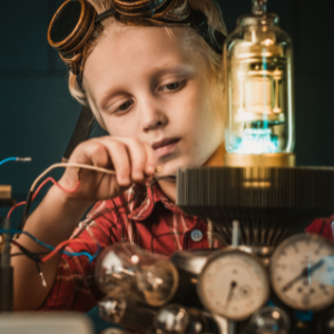 INVENTORS CLUB GRAPHIC SHOWS CHILD TINKERING WITH WIRES, GAUGES, LIGHT SOURCE