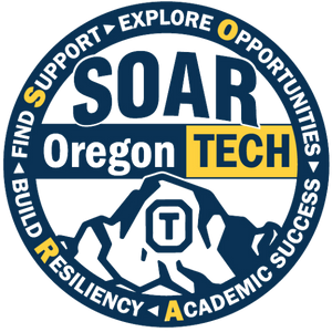 SOAR Orientation logo. Circular logo with blue outer line with white text that says "Find Support-Explore Opportunities-Academic Success-Build Resiliency". Inner circle is white with "SOAR" written in blue text, the Oregon Tech block logo with "Oregon" in white text inside a blue box and "Tech" in blue text in yellow box above a mountain with an "OT" on the summit.