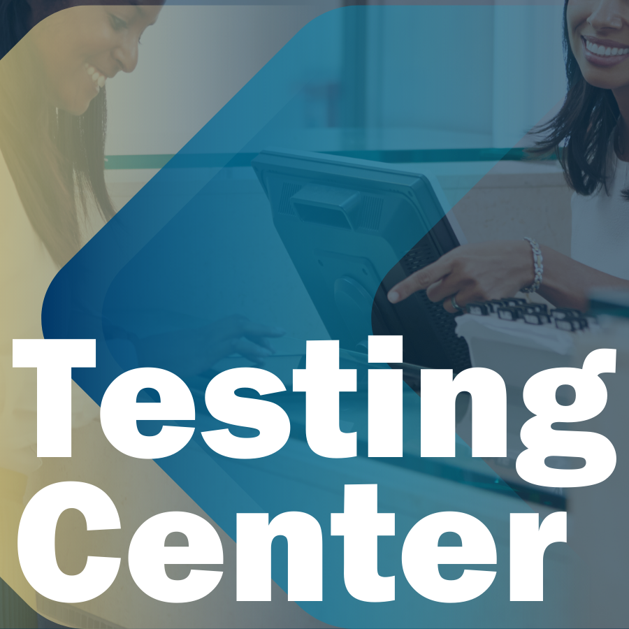 Image of receptionist pointing to tablet for check-in with text that says "Testing Center"