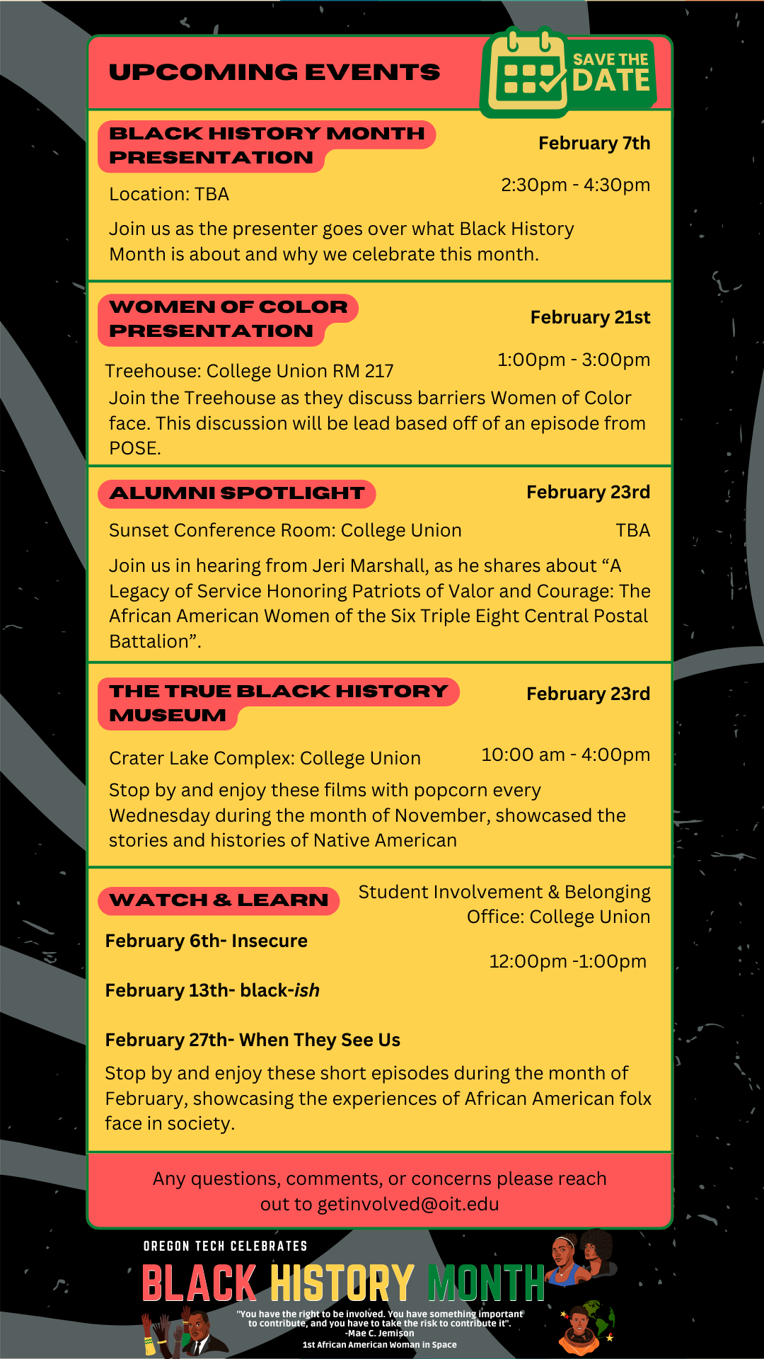 The 2024 Black History Month calendar of events in Klamath Falls. Please click the link below the image to view the schedule as a pdf.