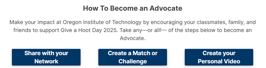 Options as an advocate: share with your network, offer a match/challenge, create your personal video