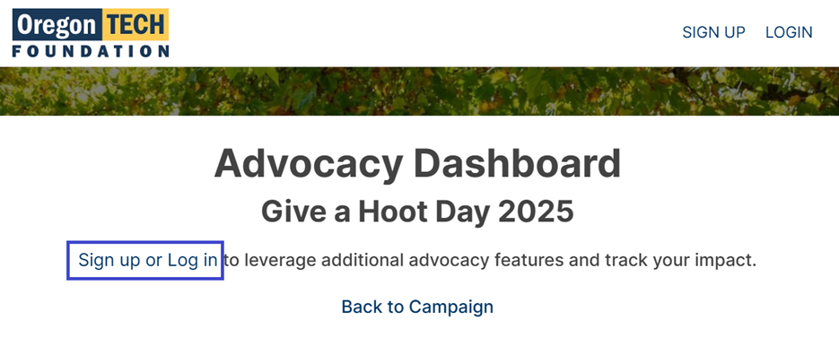 Sign up or Log in on Advocacy Dashboard