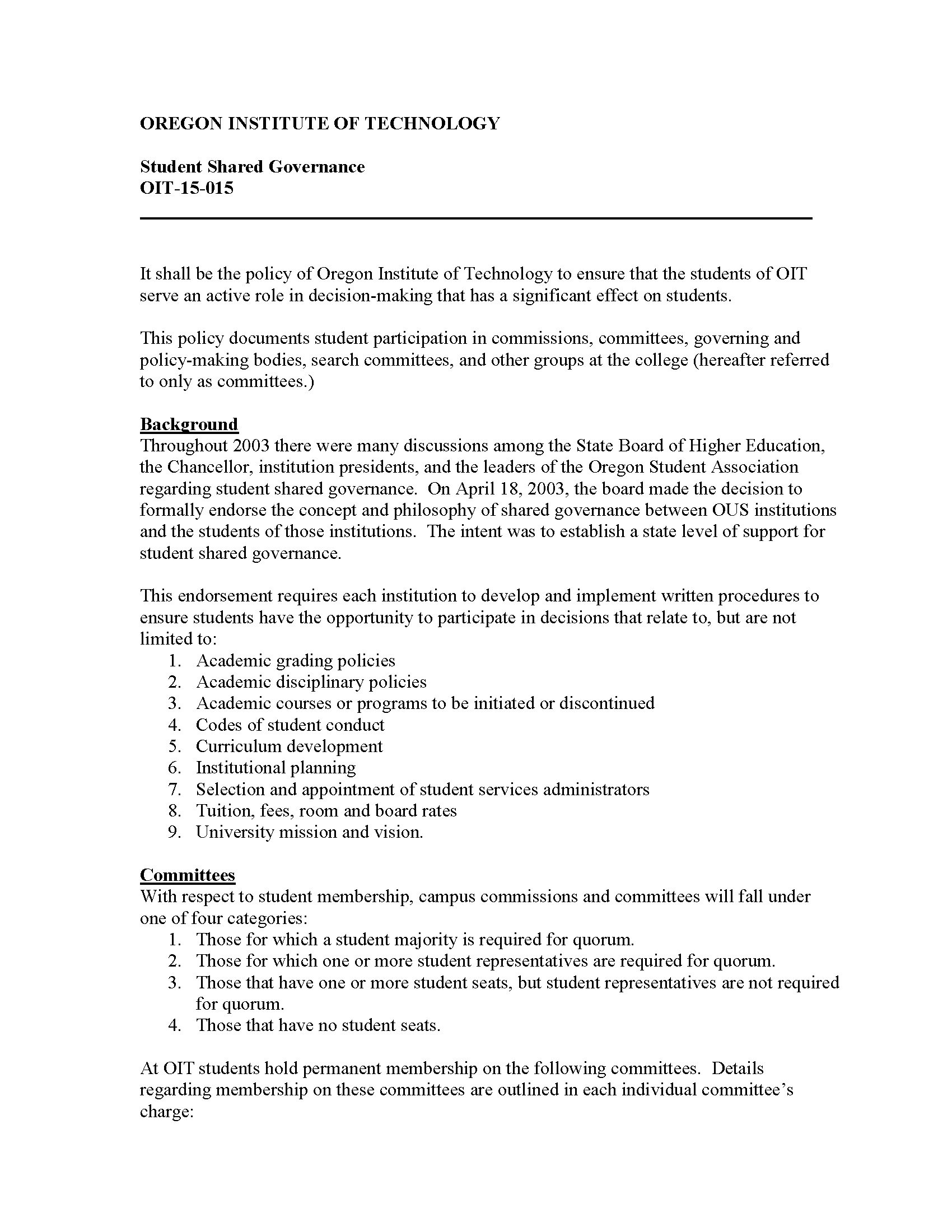 Image of the first page of the 15-015 Student Shared Governance Policy