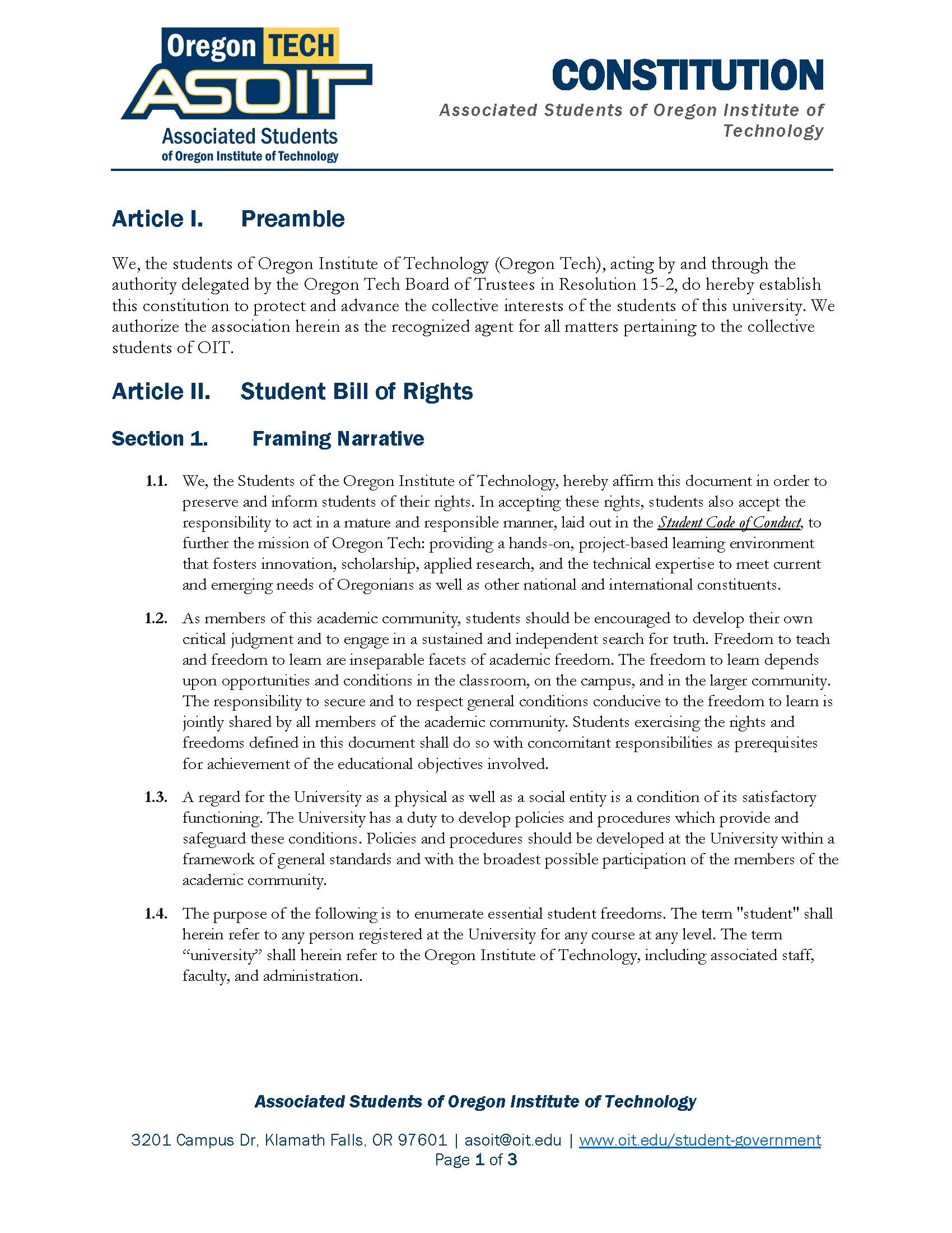 Image of the first page of a combined document file of ASOIT's Constitution and Bylaws