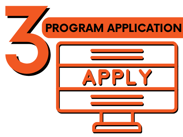 Study Abroad Program Application Step 3 graphic with number 3 and "Program Application" and an icon of a desktop computer with the word "APPLY" in the middle of the screen.