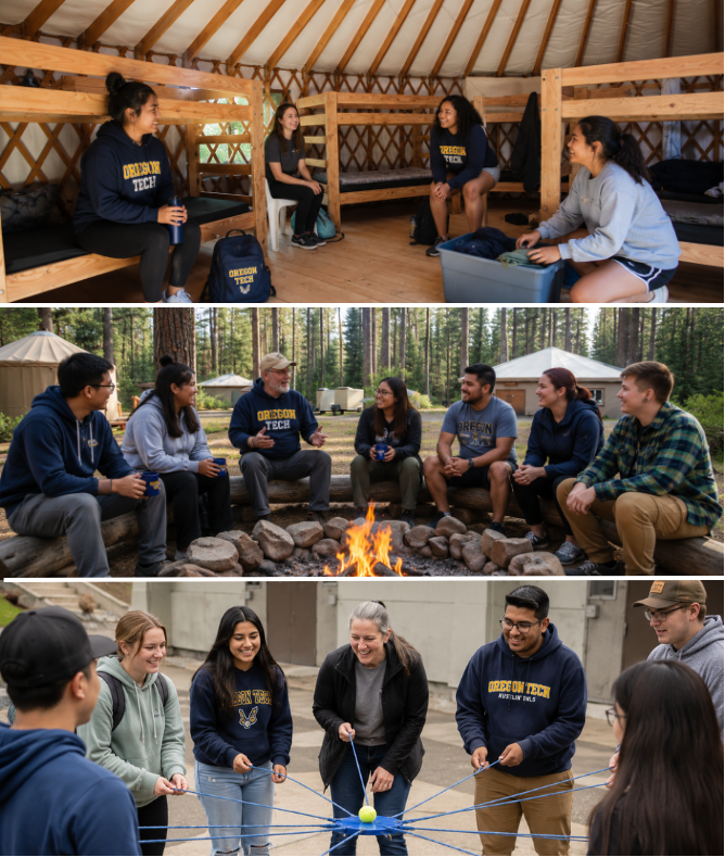 photos of students at summer bridge program including in yurt getting unpacked, around campfire and doing team building activity 