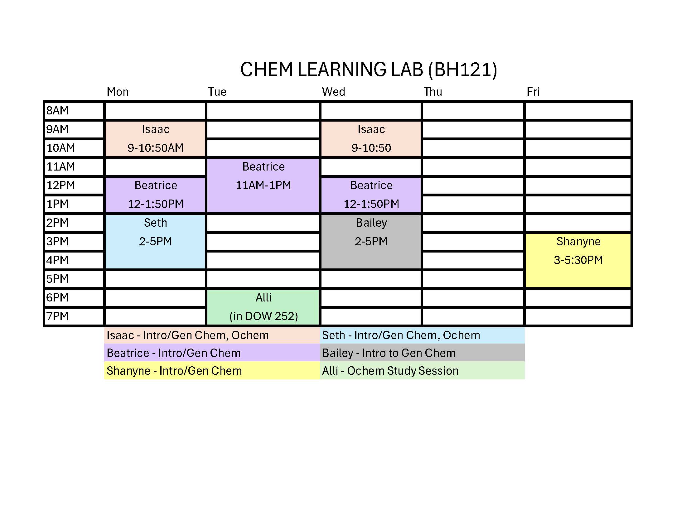 Chem Learning Lab Hours Fall 26