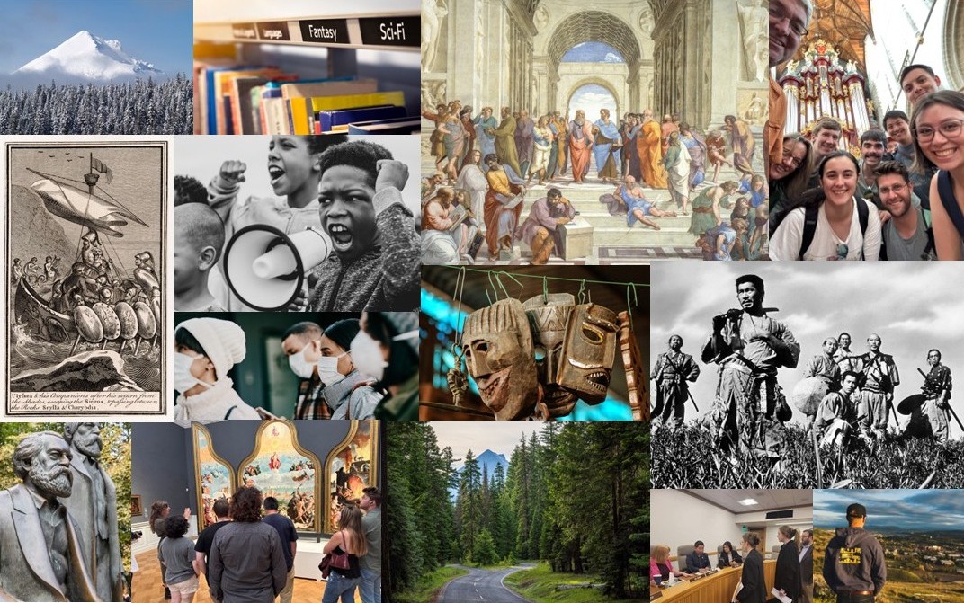 A collage of pictures representing arts, philosophy, literature, and social sciences