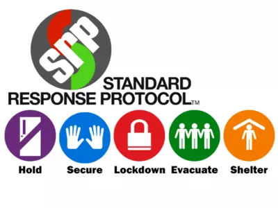 Standard Response Protocol graphic includes the SRP logo from the I love You Guys Foundation and the five SRP actions. Hold (purple circle: door with line through it), Secure (blue circle: two hands), Lockdown (red circle: pad lock), Evacuate (green circle: three people), Shelter (orange circle: person under a roof). 