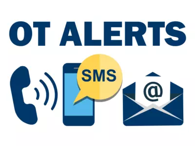 Image shows "OT Alerts" with graphics of a phone receiving an SMS message, an envelope with an email (blank page with @ symbol), and a phone that is being called (lines suggesting ringing). 