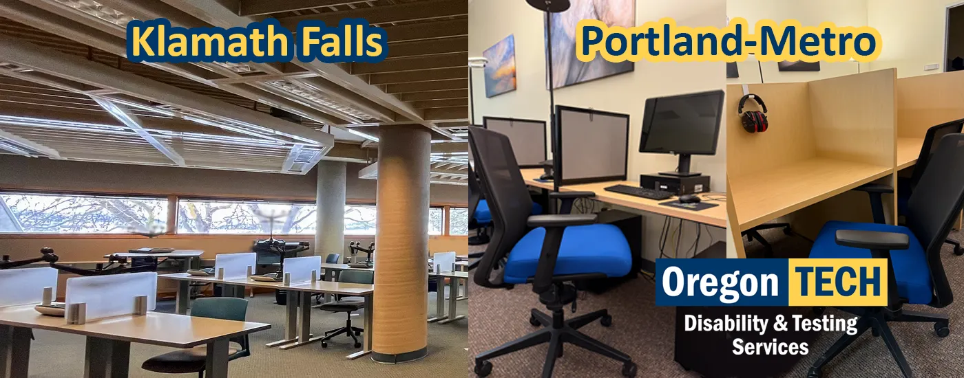 Exam stations with tables and chairs depicted in the Klamath Falls and Portland-Metro Testing Centers