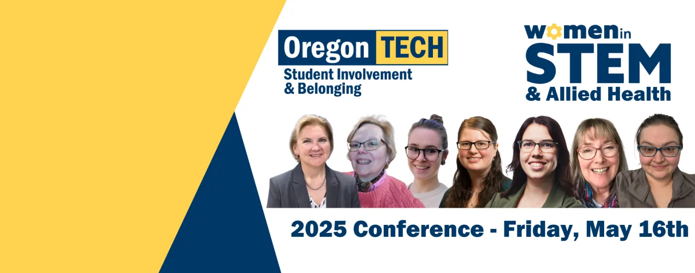 Women in STEM and Allied Health Conference graphic with event logo, photos of conference presenters and date - May 16, 2025