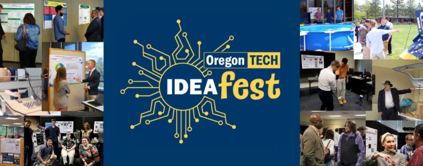 IDEAfest web banner showing a few projects and participants from 2023. Logo of a circuit "sun" in the center.