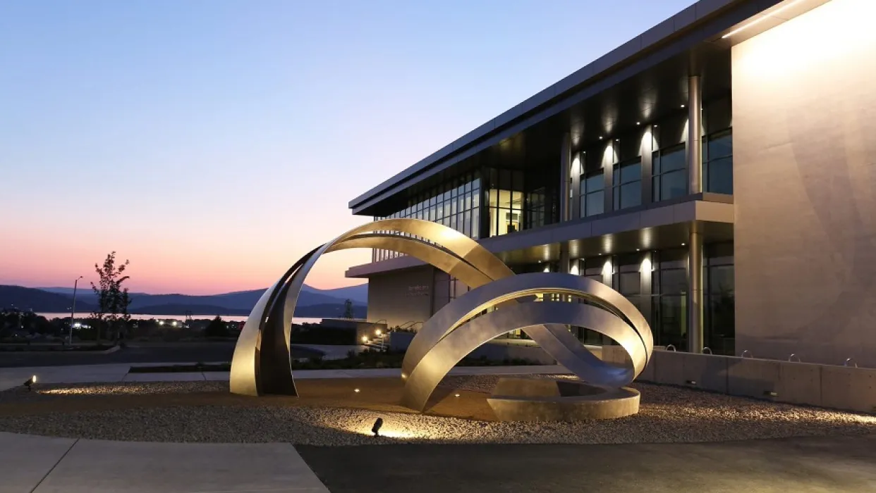 CEET building and sculpture at sunset