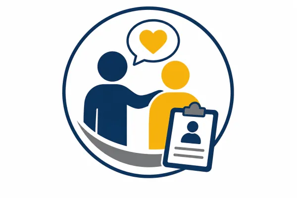 Illustration of two people in conversation with a clipboard, representing referring a student to support services.